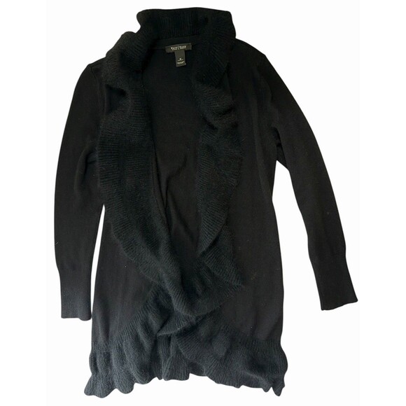 White House Black Market Cardigan Sz M Black Ruffle Open Front Rabbit Hair Wool - Picture 3 of 10